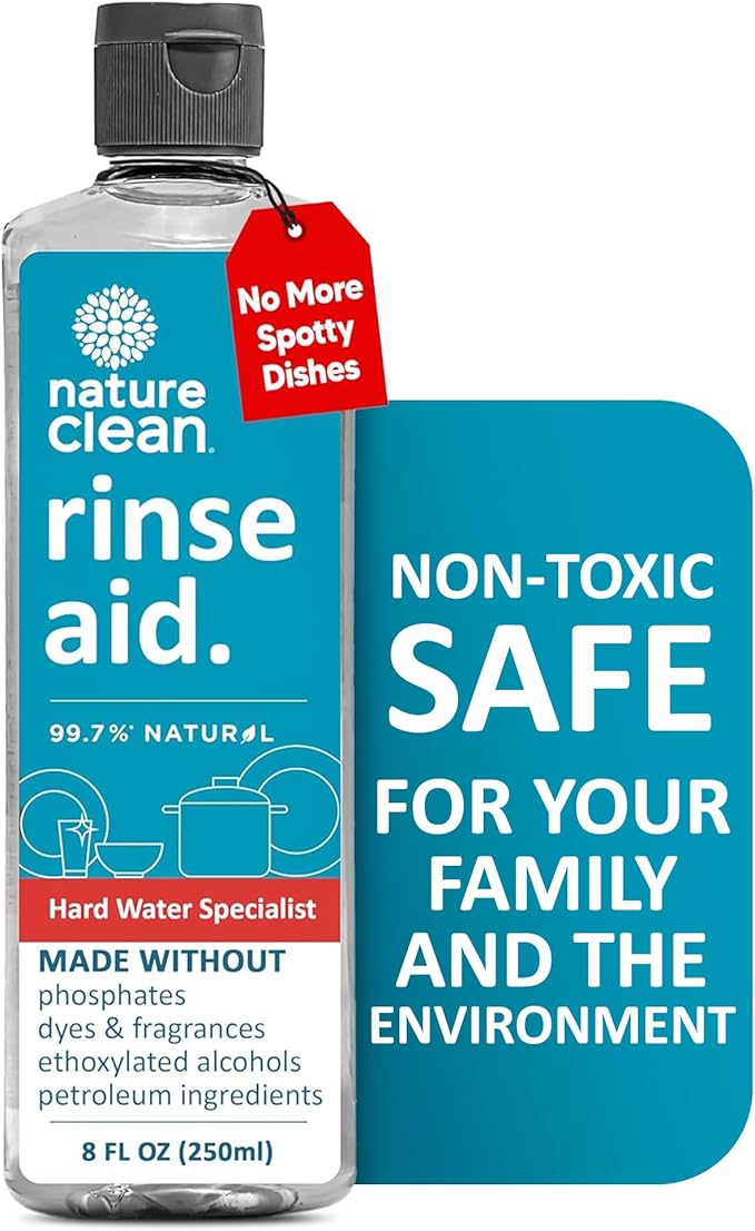 Nature Clean All Natural Dishwasher Rinse Aid Cleaner, Liquid Dishwasher Rinse Agent for Spot-Free Glass & Cutlery in Hard Water, Non Toxic Dish Washer Rinse Aid & Stain Remover, 8 oz/250ml, Pack of 1