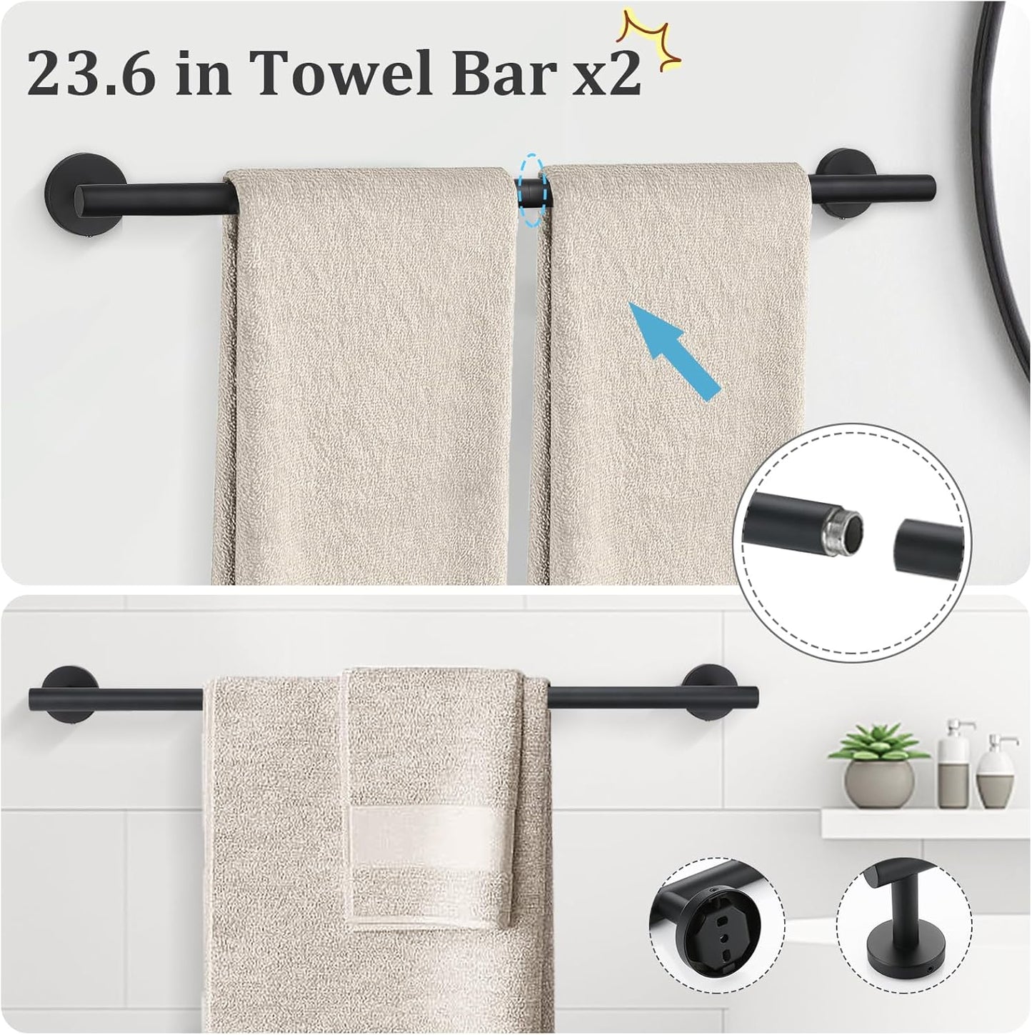 TURS Matte Black 10 Pieces Bathroom Hardware Set, SUS304 Stainless Steel 24 Inch Bath Towel Bar Set, Round Bathroom Accessories Kit Wall Mounted