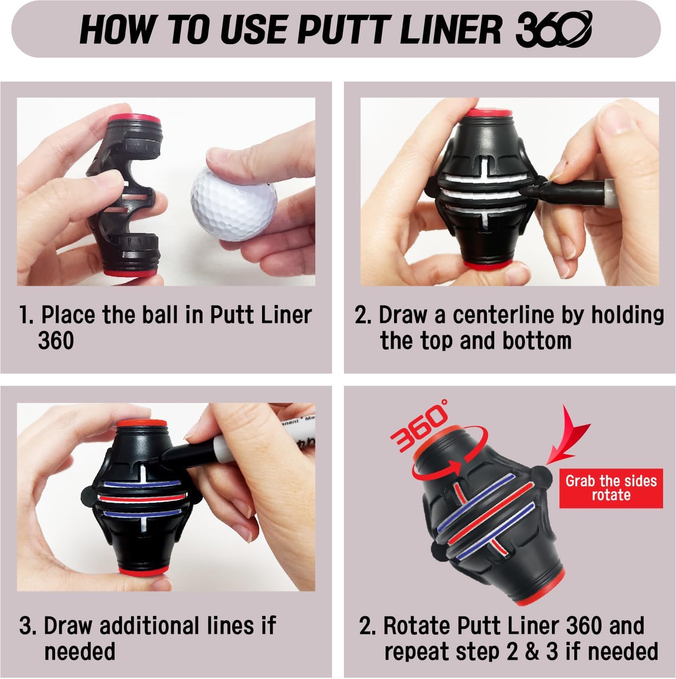 Putt Liner 360 Golf Ball Marker | 360 Degree Line Drawing Alignment Accessory Tool Identification Multicolor Triple Line Golf Gift Premium Quality
