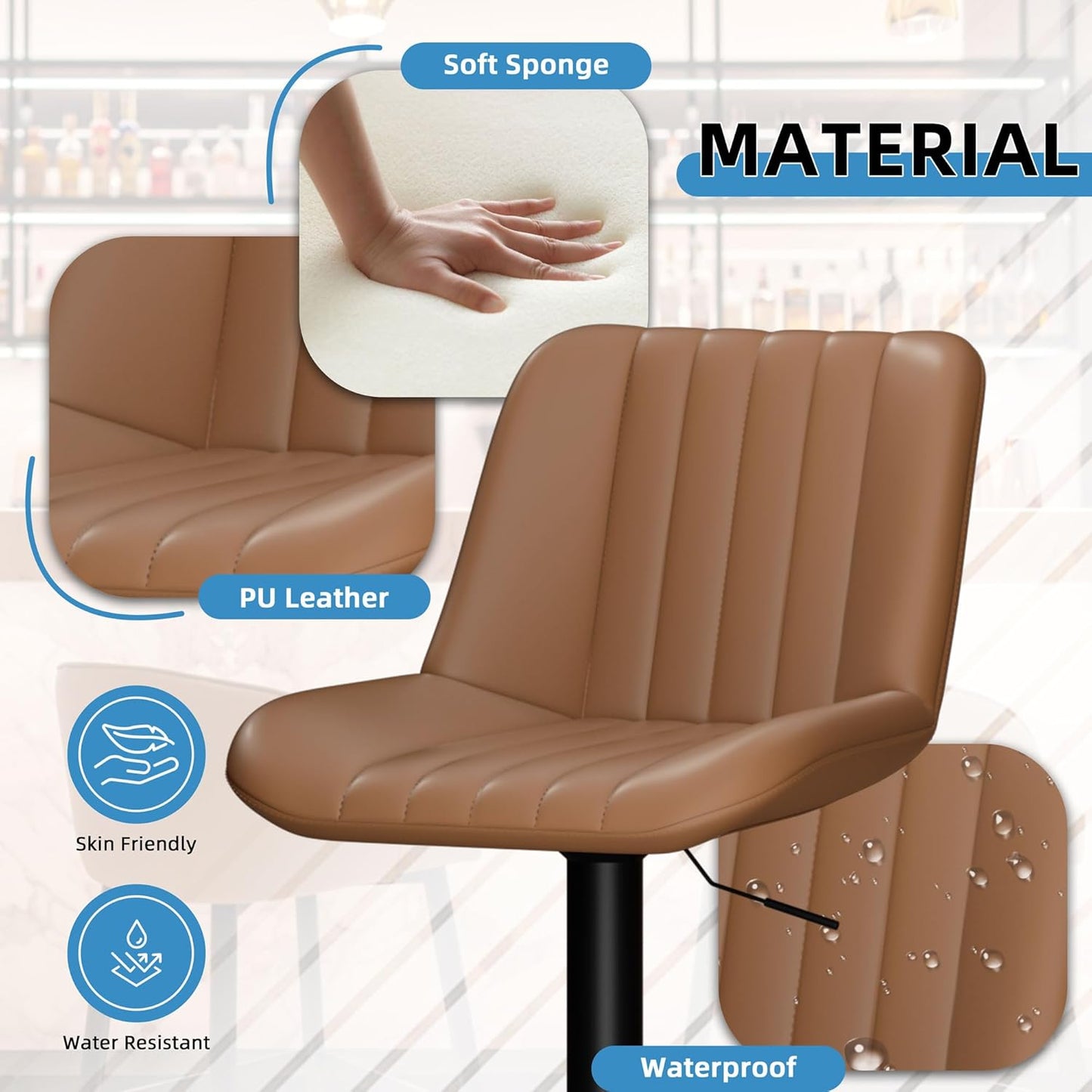Shintenchi Bar Stools Set of 4 Modern Swivel Bar Chairs, Counter Height Faux Leather Metal Barstools, Upholstered Island Chairs with Back and Footrest, Coffee