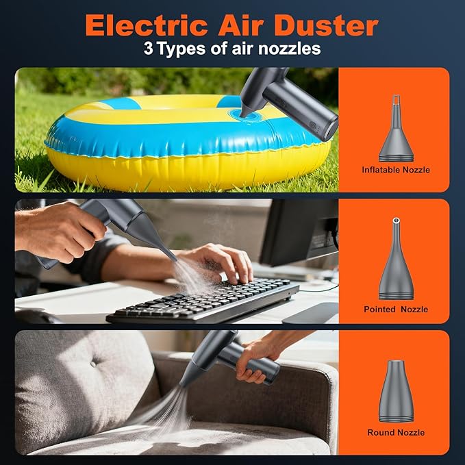 Metal Electric Compressed Air Duster, 300000RPM Brushless Motor with Stepless Speed, Rechargeable Cordless Mini Blower for Computer Keyboard Cleaning, Car Detailing, House and Outdoor Use(Grey)
