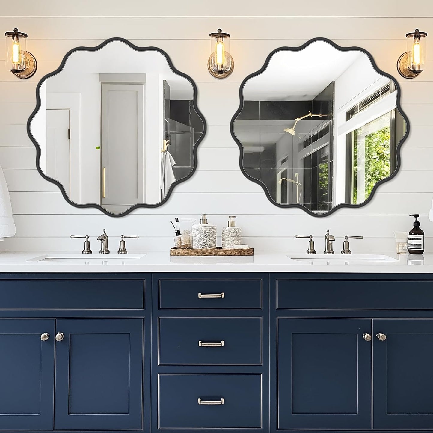 PROHOMEWARE Black Round Mirror 32 Inch Wavy Bathroom Vanity Mirror Black Frame Modern Wall Mirror Decorative Wall-Mounte Anti-Rust, Tempered Glass