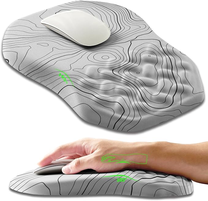 Ergonomic Slope Mouse Pad Wrist Support, Wrist Rest Mousepad for Carpal Tunnel Pain Relief with Massage Bulge and Slow Rebound Memory Foam (12x8 inch, White Contour Lines)