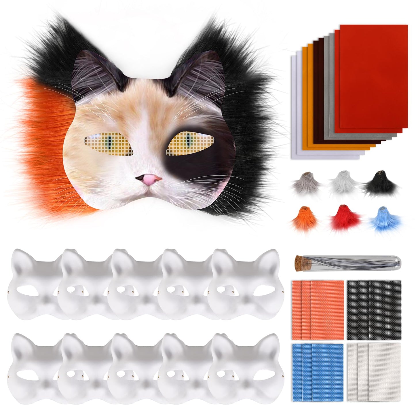 Cat Mask with Eye Mesh Fur Beard and Felt Fabric Sheet,98 PCS DIY Animal Mask Kit Cat Masks to Paint Blank Animal Dress Up Masks,DIY Face Mask Costume for Masquerade,Halloween Party,Cosplay