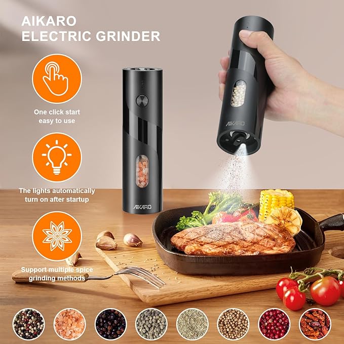 AIKARO - Electric Salt and Pepper Mill Automatic Spice Grinder, Rechargeable (Set)