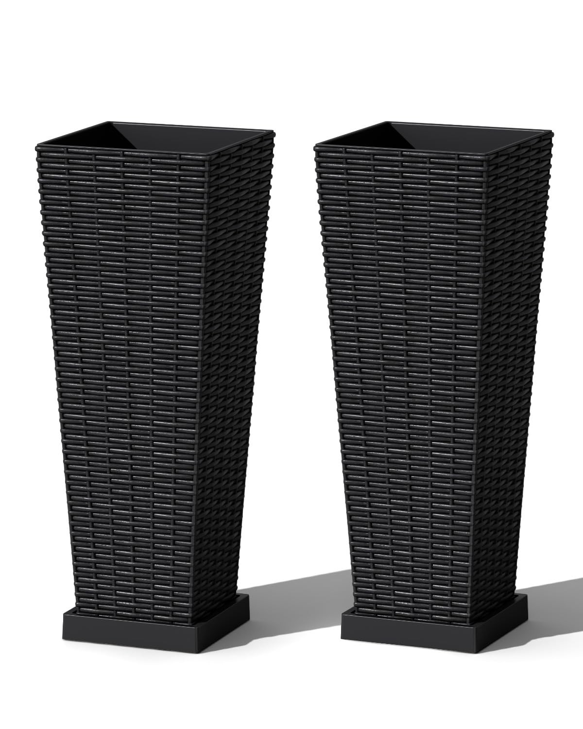 Greesum Set of 2 Tall Plastic Planters with Saucer, 24 Inch Large Pots with Drainage Trays, Weather-Resistant Plastic Plant Containers for Patio, Porch, Garden,Black