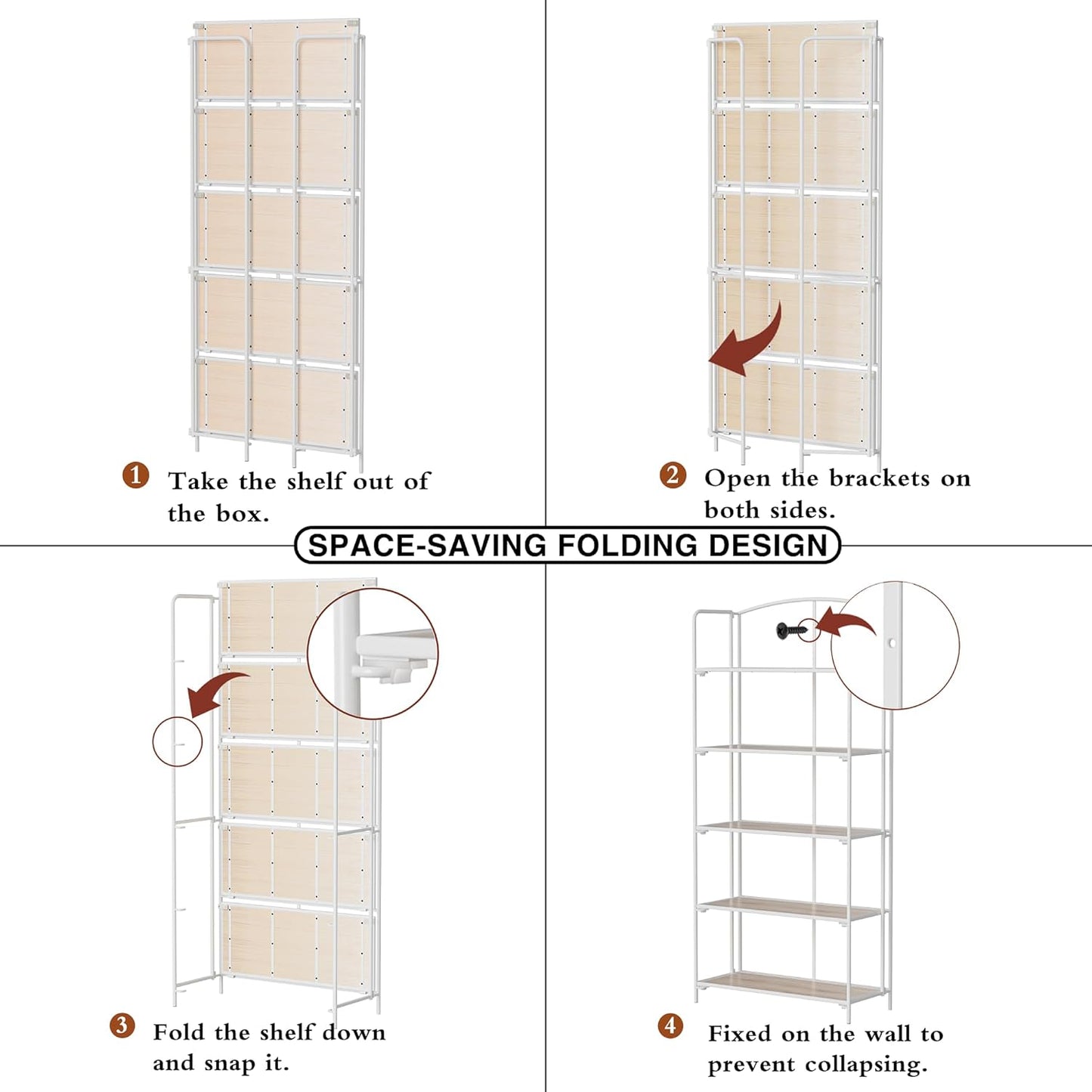 Crofy No Assembly Folding Bookshelf for Living Room, 5 Tier White Collapsible Book Shelf for Home Office, Portable Bookcase Storage Organizer