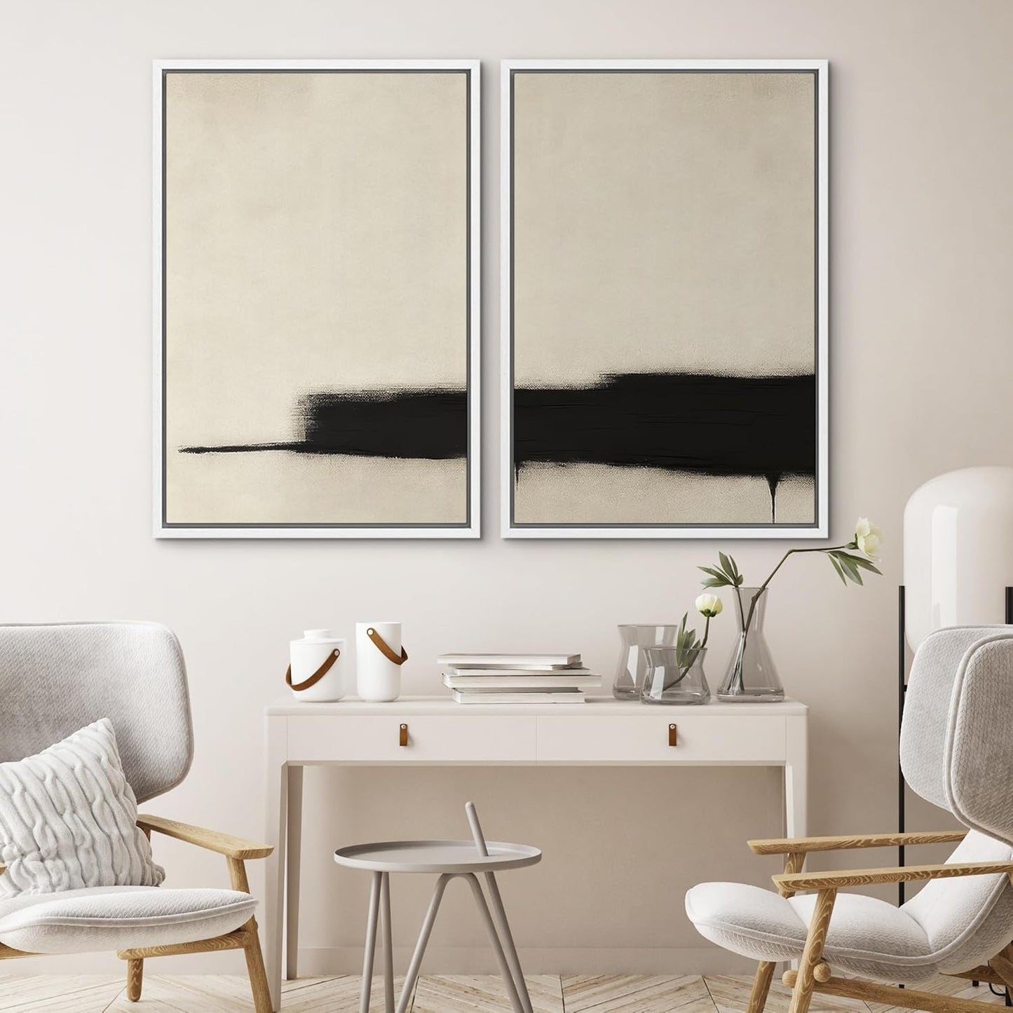 SIGNWIN Framed Wall Art Print Set Minimalist Black Brushstroke Abstract Neutral Beige and Black Illustrations Modern Art Rustic Relax/Calm for Living Room, Bedroom, Office - 16"x24"x2 WHITE