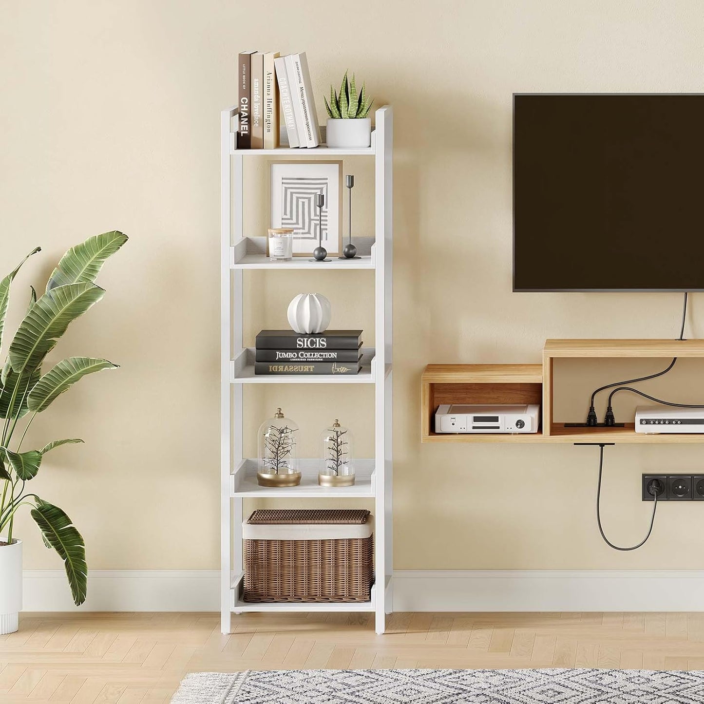 Rolanstar Bookshelf, 5-Tier Storage Rack, Narrow Corner Bookshelf, Display Wooden Shelves for Living Room, Bathroom, Balcony, Kitchen,White