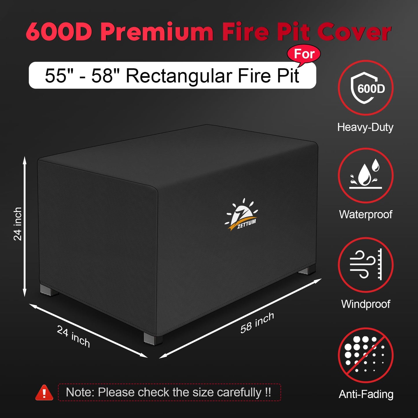 Zettum Fire Pit Cover Rectangular 58 Inch - Outdoor Fire Table Cover Rectangle Heavy Duty & Waterproof, 600D Patio Propane Gas Firepit Cover Rectangular Fade & Weather Resistant - 58 x 24 x 24 Inch