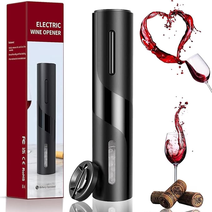 Electric Wine Opener, Battery Operated Wine Bottle Opener, Cordless Automatic Corkscrew with Foil Cutter, Fast Cork Removal, Gift Idea for Wine Lovers, Kitchen Bar Party Restaurant, Black