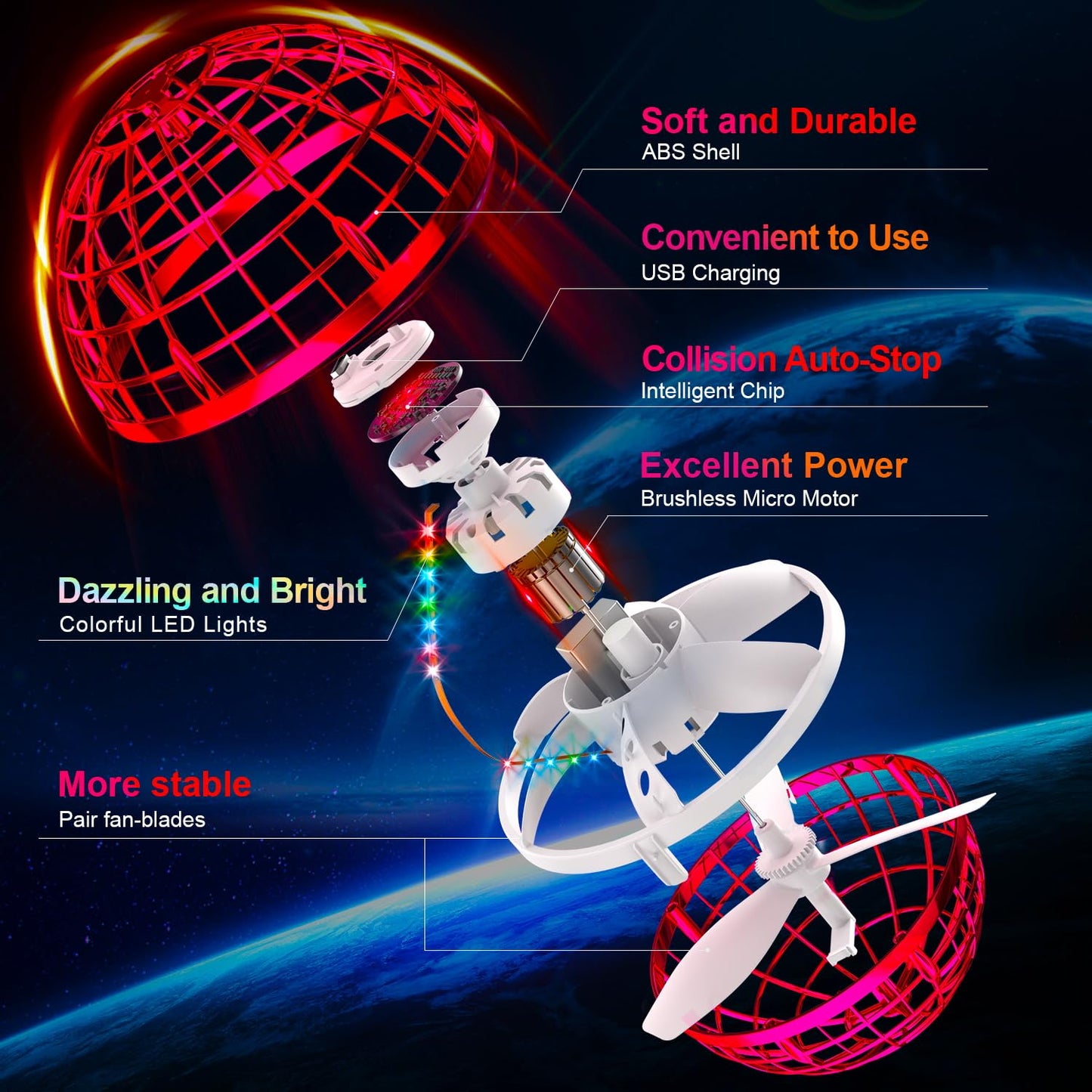 Ivtivfu Flying Orb Ball (Red, 2026 Upgraded) with Dazzling Lights, Magic Hover Spinner, Cool Boomerang Drone, Floating Cosmic Globe, Kids Outdoor Toys, for 6 7 8 9 10 Year Old Boys Girls