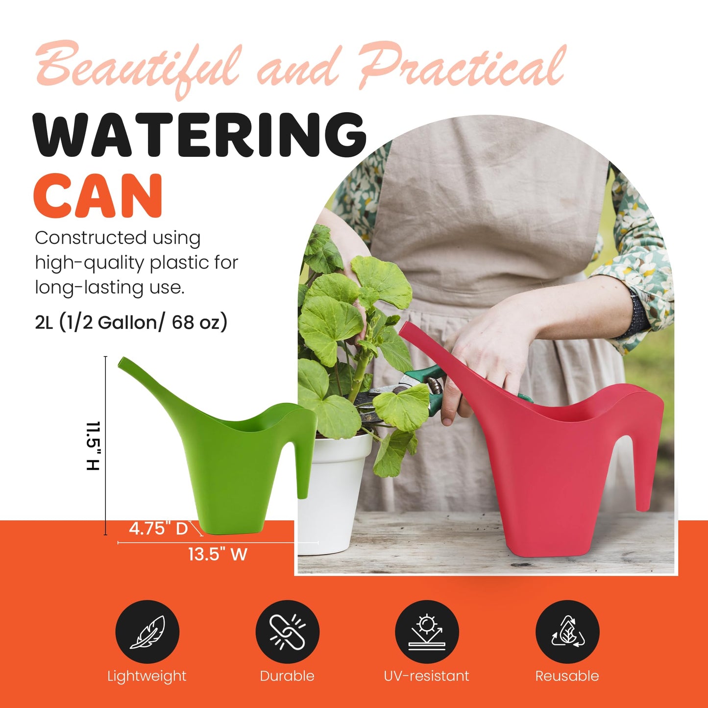 Mintra 1/2 Gallon Plant Watering Can, Indoor Outdoor Water Can for Plants, Long Spout Plastic Water Pitcher for Watering Flower Succulent, Durable and Lightweight, 2L/68 oz, 1 Pack, Orange