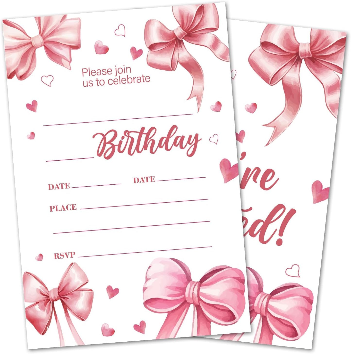 Pink Bow Birthday Invitations, Cute Bow Party Invitations, 20 Double-Sided Fill In Invitation with Envelopes for Boys Girls, Birthday Party Decorations Favor