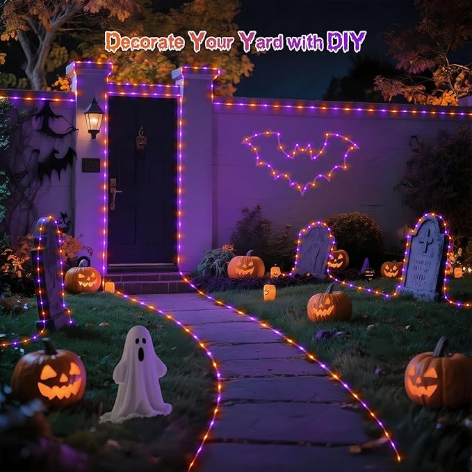 JMEXSUSS 2 Pack Orange and Purple Battery Operated Halloween String Lights Outdoor Warterproof Total 200LED 8 Modes Battery Powered Rope Lights Outdoor with Remote for Halloween Decor