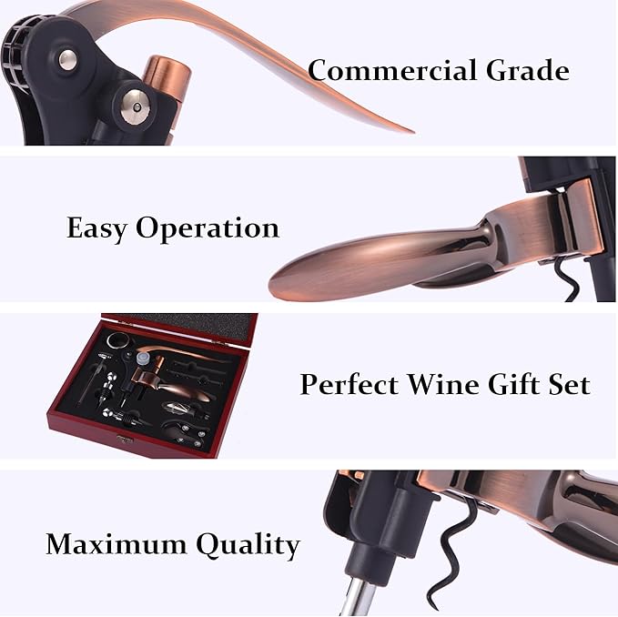 Rabbit Wine Opener Set with Wooden Case – 9 Piece Kit Includes Rabbit Corkscrew, Foil Cutter, Wine Pourer, Bottle Stopper, Easy Cork Removal, Great Gift for Wine Lovers, Bronze
