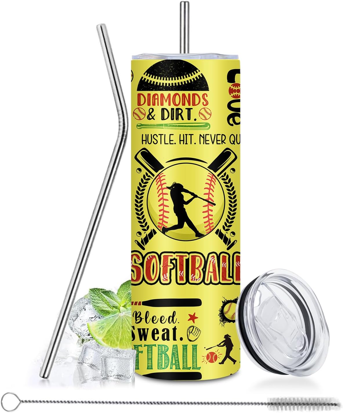 Softball Gifts - 20oz Insulated Stainless Steel Water Tumbler with Straw Lid, Leakproof, for Team, Girls, Travel - Softball Sport Lovers Birthday Gift Cup