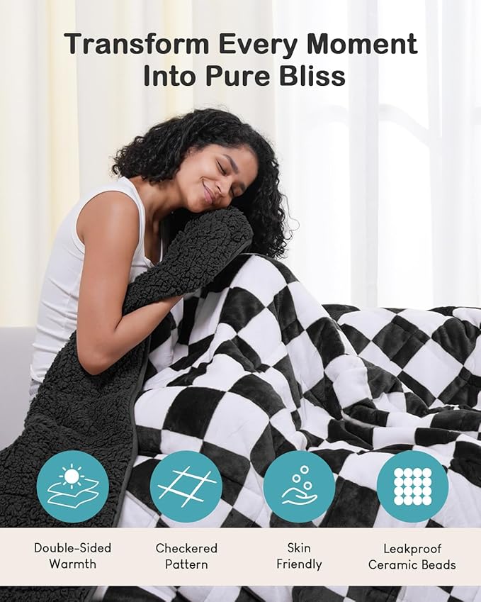 Weighted Blanket for Adults, 10lbs Sherpa Flannel Weighted Blanket Full Size, Soft Fluffy Fleece Checkerboard Weighted Blankets for Calming and Relax, Plaid Black, 48" x 72"