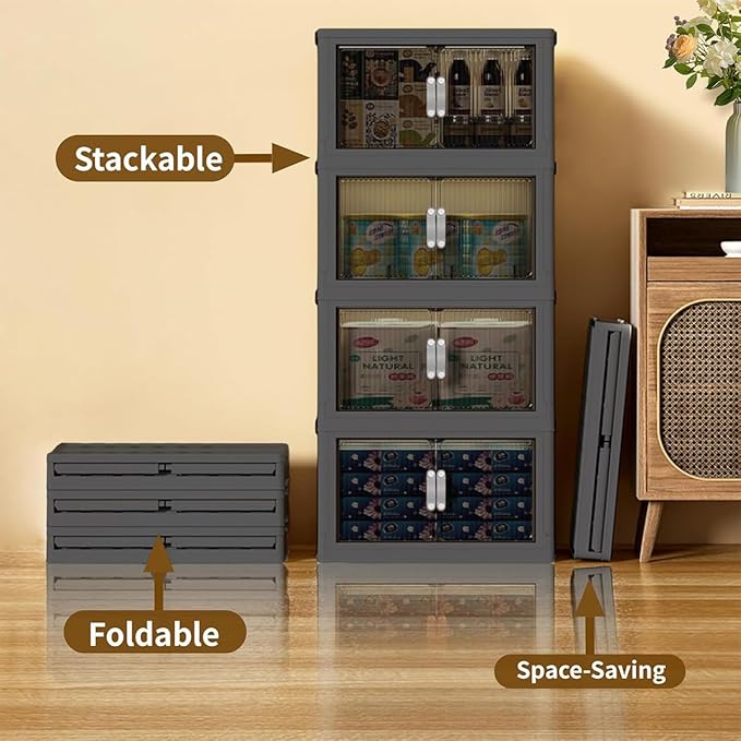 Stackable Storage Bins with Lid & Drawers, Large Foldable Collapsible Storage Containers Bin with Doors & Wheels, Folding Plastic Storage Boxes for Home, Pantry, Office (S, Gray 4-Tier)