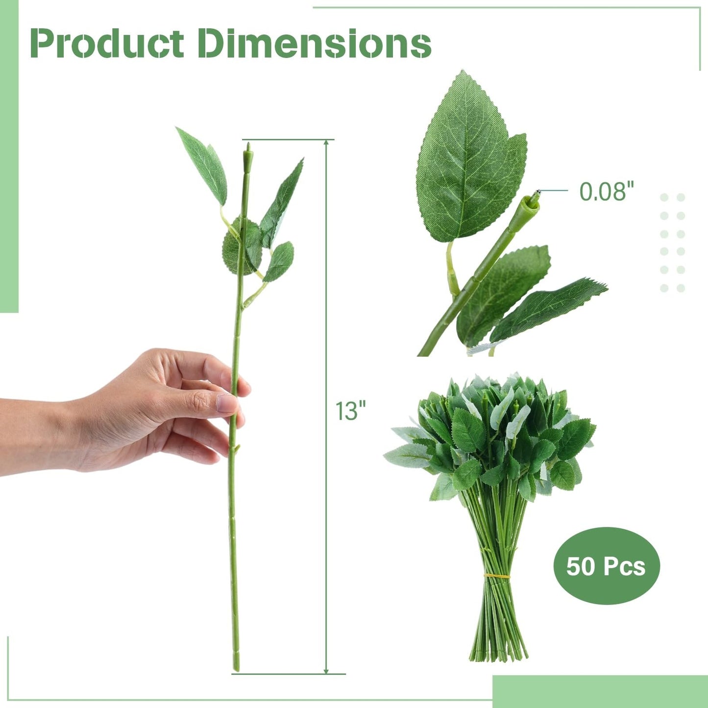 CDOKY 50 Pcs Rose Stems with Leaves & 50 Pcs Flower Calyxes Set, Fake Flower Stems Artificial Flower Sepals, Floral Arrangement Supplies, DIY Artificial Flowers Tools for Bouquet Wedding Party