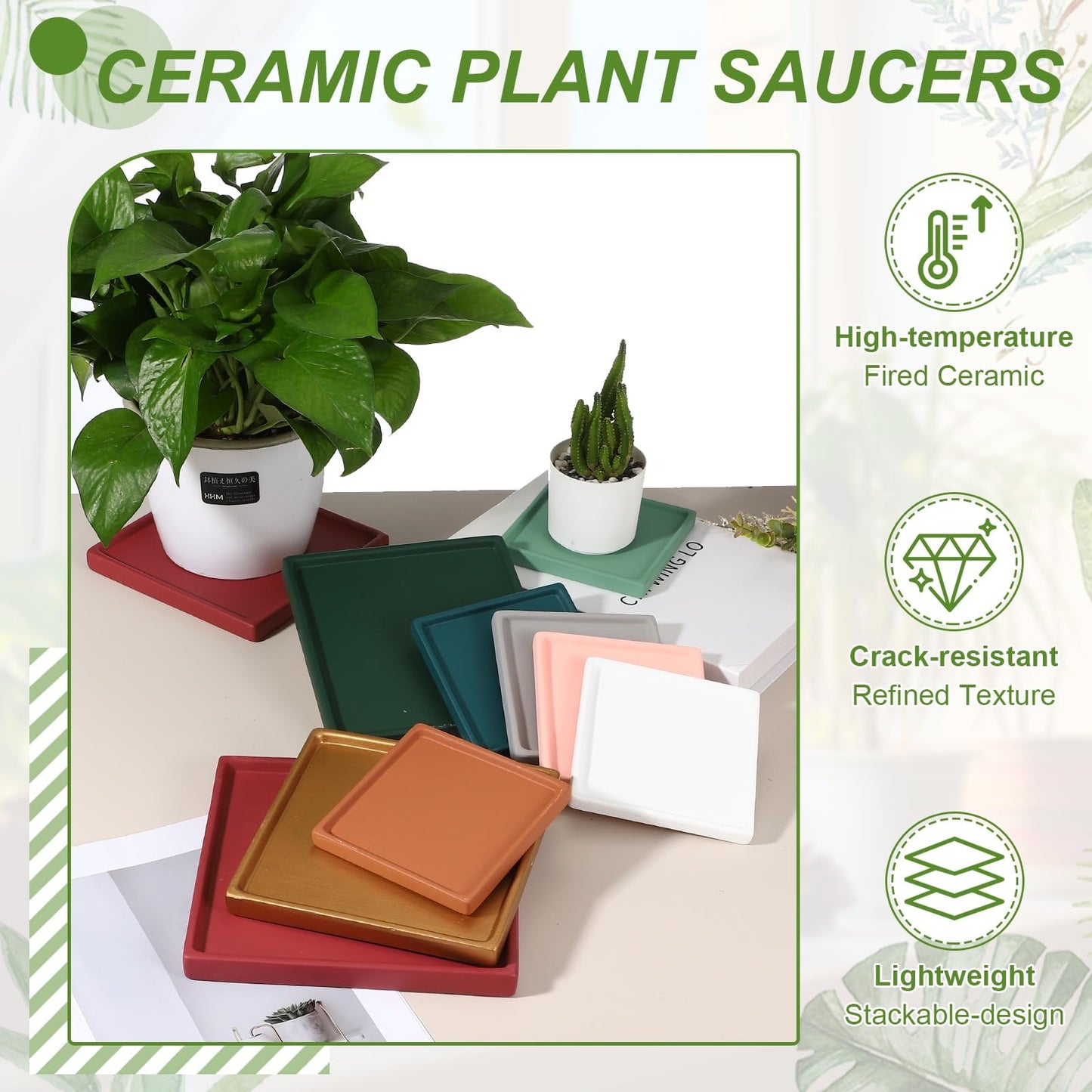 YELARXI 7.5 Inch Ceramic Plant Saucers, Square Flower Planter Water Trays Ceramic Plant Saucer Pot Tray -Fitting for (Outdoor/Indoors/Garden/Planting/Water/Flower/Coffee) Dark Gray