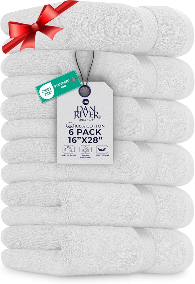 DAN RIVER 6-Pack Premium Hand Towels (16x28 Inches) - 100% Cotton, Ultra Soft, Lightweight, Highly Absorbent Towels for Bathroom, Spa, Gym, Salon, Hotel, and Travel - 550 GSM – White