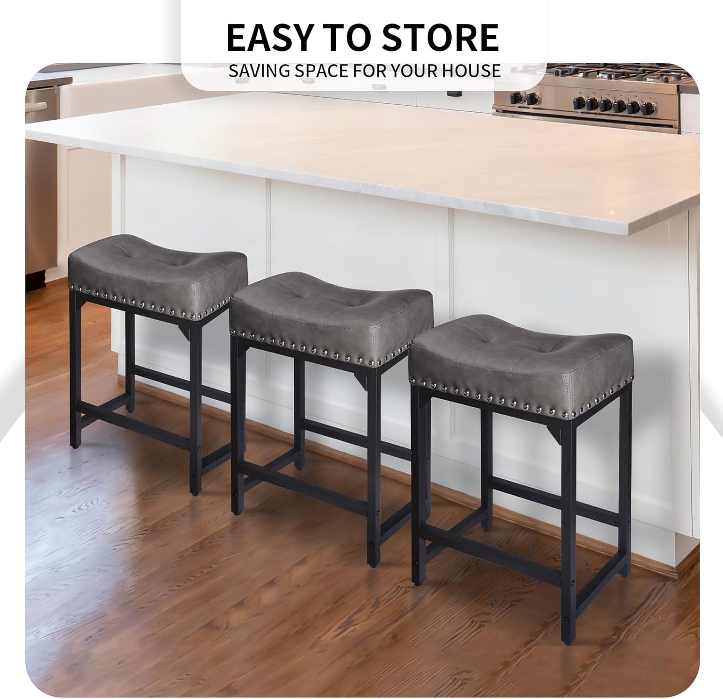 Counter Height Bar Stools Set of 2, Bar Stools for Kitchen Counter, 24 Inch Counter Stools Saddle Barstools with Metal Base for Pub, Bar, Kitchen Dining Room(Grey)