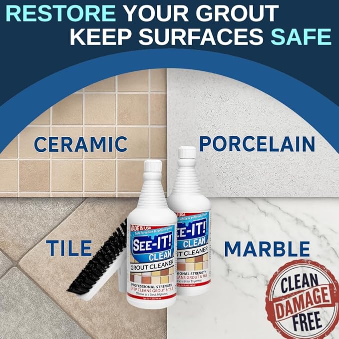 Grout & Tile Deep Cleaner Brightener & Heavy-Duty Stain Remover Acid-Free Safe for Ceramic, Porcelain, Marble, Stone - Two 32 fl. oz. Bottles with Floor Cleaning Brush