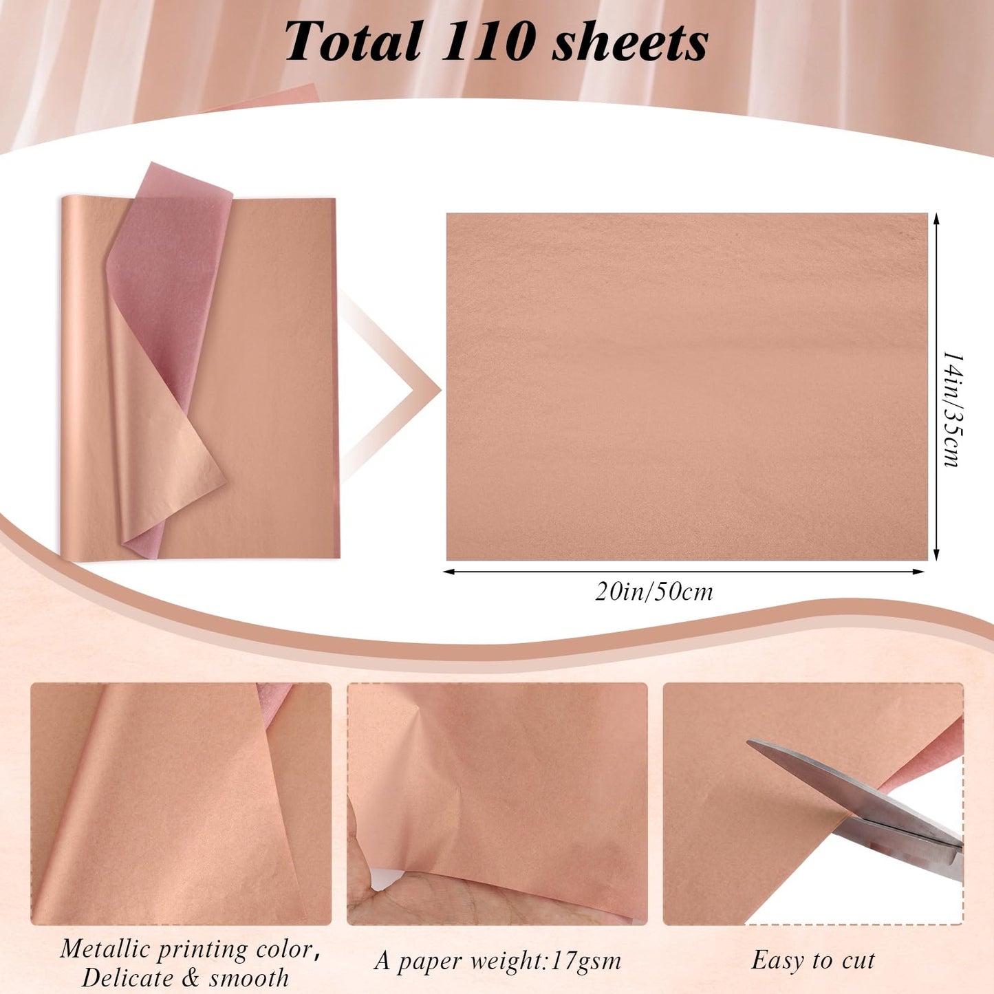 woric 110 Sheets Rose Gold Tissue Paper Bulk, 17GSM Metallic Tissue Paper for Gift Bags Graduation Bouquet DIY Crafts Birthday Weddings Baby Shower Girl Party Decor, 14 x 20 Inch