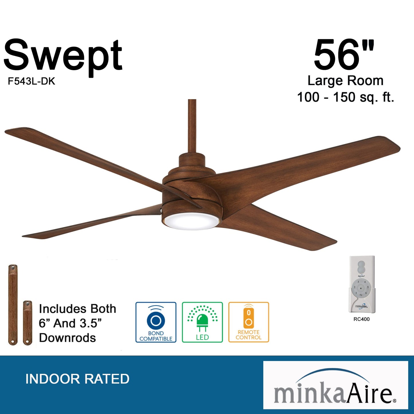 Minka-Aire F543L-Dk Swept 56 Inch Ceiling Fan With Integrated 20W Led Dimmable Light And Additional 3.5 Downrod In Distressed Ko