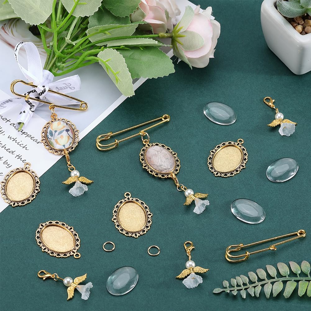 SUNNYCLUE 1 Box 10 Sets Gold Wedding Bouquet Photo Charms Memorial Picture Charm Personalized Glass Oval Picture Cabochons Brooch Pin Angel Wing Charms Kits for Wedding Bride Groom Party Gifts Flowers