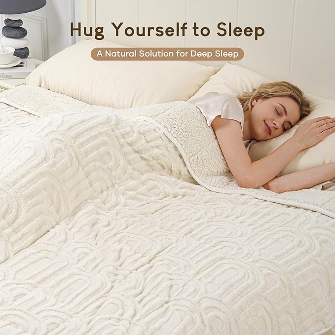Cottonblue Jacquard Weighted Blanket for Adults 20 lbs Queen Size, Soft Fluffy Sherpa Fleece Weighted Throw Blankets 60" x 80" for Sleep Relax, Fuzzy Warm Arch Heavy Blanket for Bed Couch, Cream White