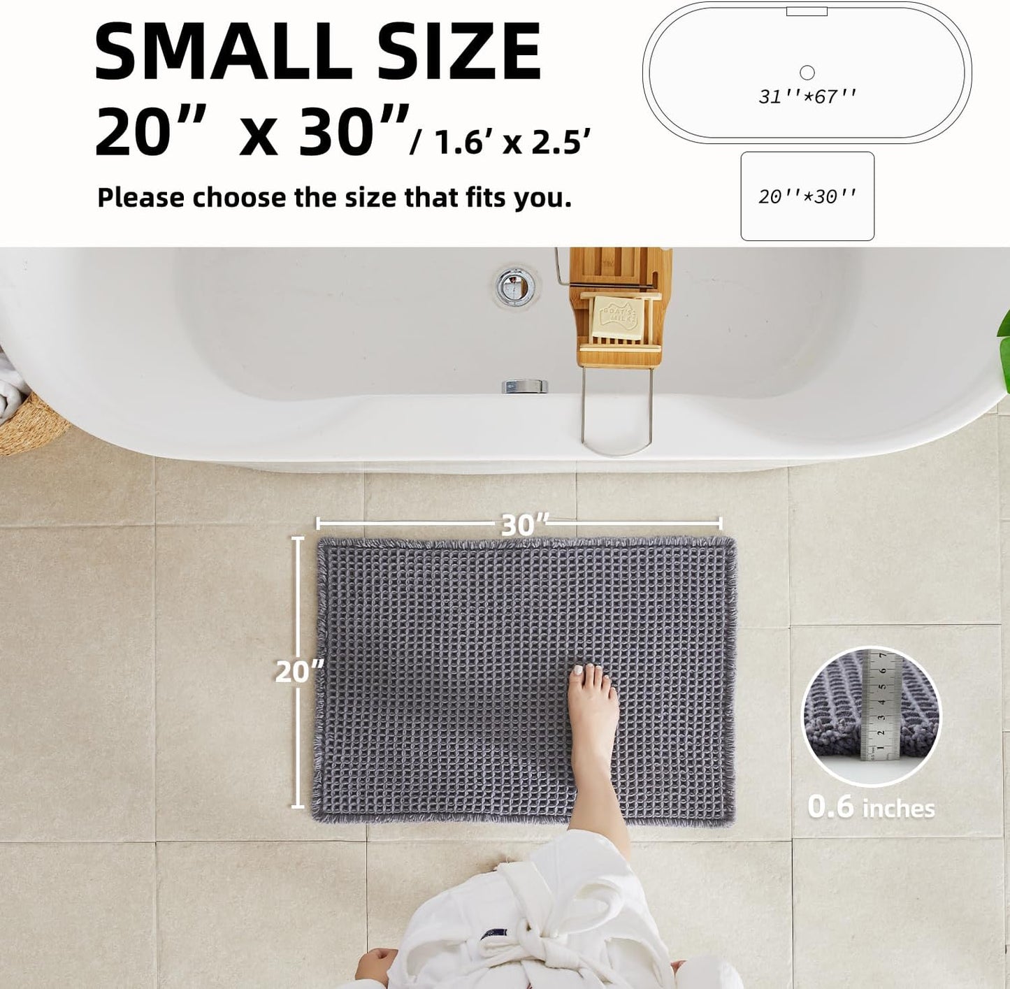 Waffle Bath Mat, Boho Bathroom Rugs Non Slip Washable Super Absorbent Quick Dry Bath Mat Farmhouse Bathroom Decor, 30"x20" Grey