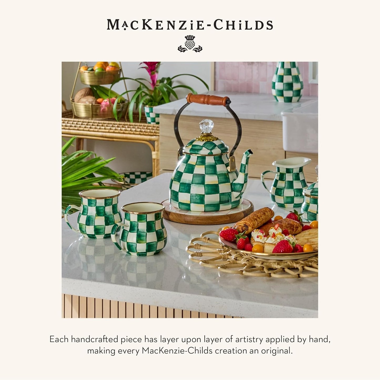 MACKENZIE-CHILDS Enamel Everyday Bowl, Serving Bowl for Entertaining, Extra Small, Green-and-White Emerald Check