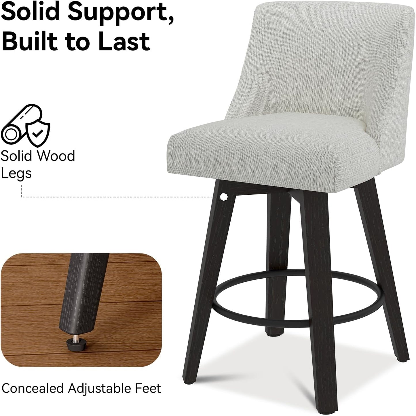 Counter Height Swivel Bar Stools Set of 4, 26 Inch Bar Stools with Footrest, Linen Fabric Upholstered Barstools with Back and Solid Wood Legs for Kitchen Island, Dining Room,Pub,White