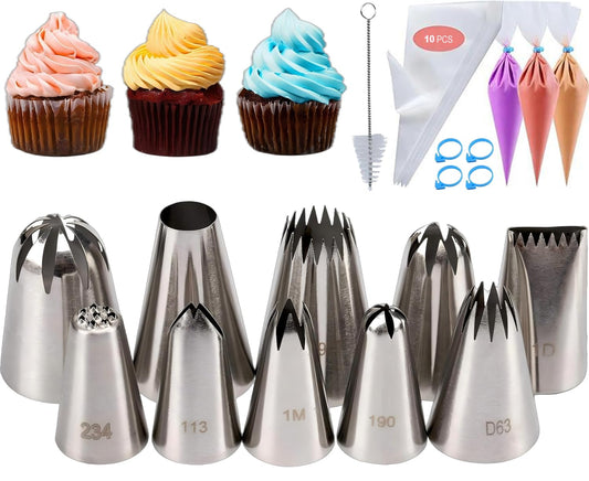 MDLJG 25 Pcs Extra Large Piping Tip Set, Stainless Steel Frosting Piping Kit,Pastry Cake Decorating Tips Baking Tools For Cookies Cupcake Decorating Kit (902 234 113 1M 190 D63 1D 9FT 1C R16L)