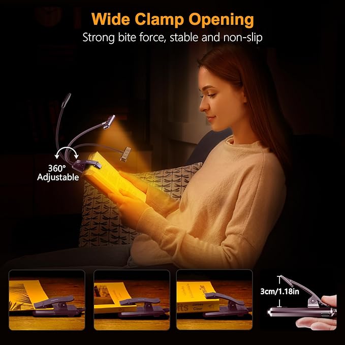 Gritin 19 LED Rechargeable Book Light for Reading in Bed with Memory Function- Eye Caring 3 Color Temperatures,Stepless Dimming Brightness,80 Hrs Runtime Clip on Light for Book Lovers-Dark Purple