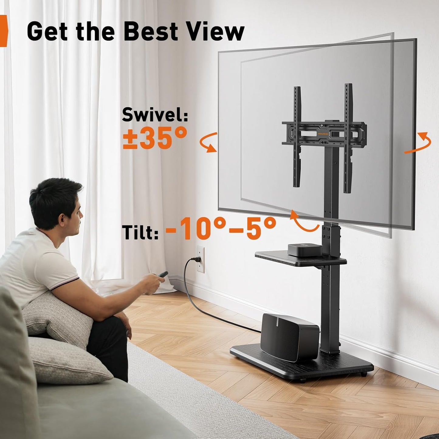 Perlegear Floor TV Stand with Power Outlet, Universal TV Stand for 32-75 inch TVs up to 110 lbs, Height Adjustable Standing TV Mount, Tall TV Mount with Wood Base, Max VESA 600x400mm, PGFS06