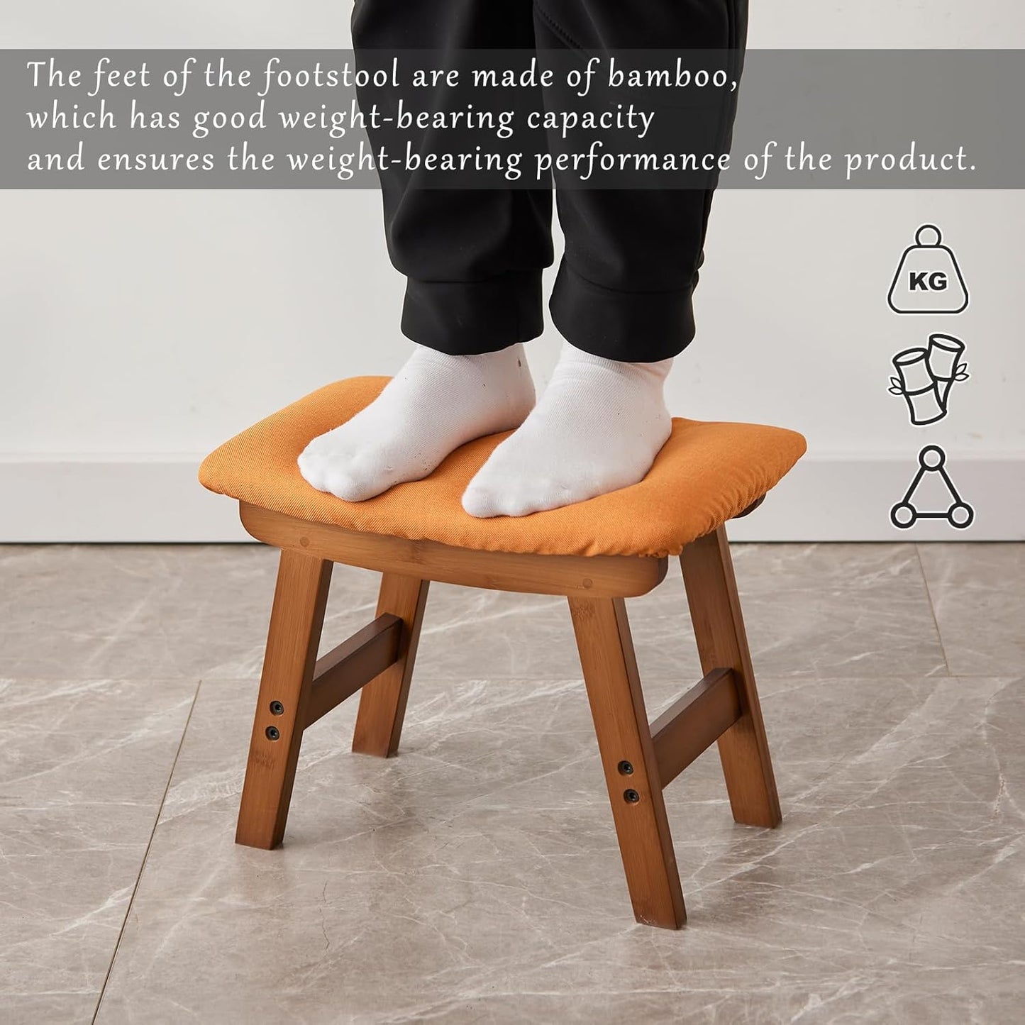 Foot Stool,Ottoman,Bamboo Small Sofa Foot Rest Under Desk,Extra Seating for Living Room, Bedroom and Kitchen(Brown Stool Legs - Orange Surface)