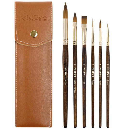 Nicpro Travel Watercolor Brushes Set, 6Pcs Kolinsky Sable Performance Paint Brush for Professional Artist & Beginners with Round, Rigger, Cats Tongue, Oval Wash for Water Color, Ink Gouache Painting