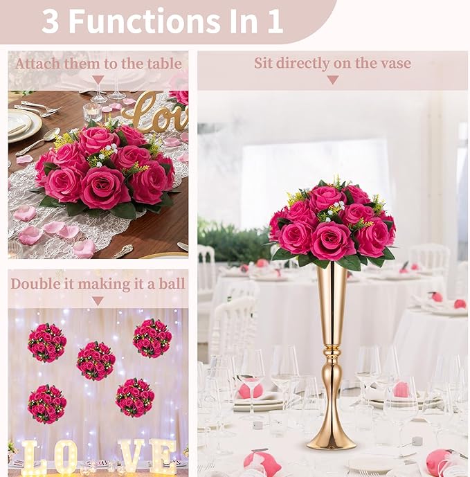 NUPTIO Flower Ball for Table Centerpieces: Hot Pink Artificial Rose Kissing Balls for Wedding Party Valentine Tables - 2 Pcs Faux Silk Floral Arrangements for Home Dining Event Decorations