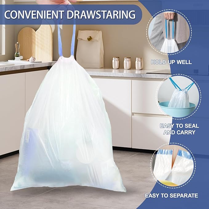 15 Gallon Trash Bags with Drawstring - 120 Count Heavy Duty 1.7 Mil Garbage Bags 56 Liter Tall Kitchen Bin Liners Unscented White for Home Yard Lawn