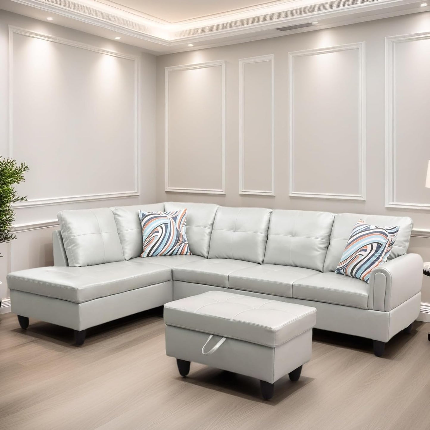 L Shaped Sectional Couches, Leather Couch Modular Sectional Sofa with Ottoman Storage, Modern L Shaped Couch with Chaise for Living Room Bedroom Apartment Furniture, White