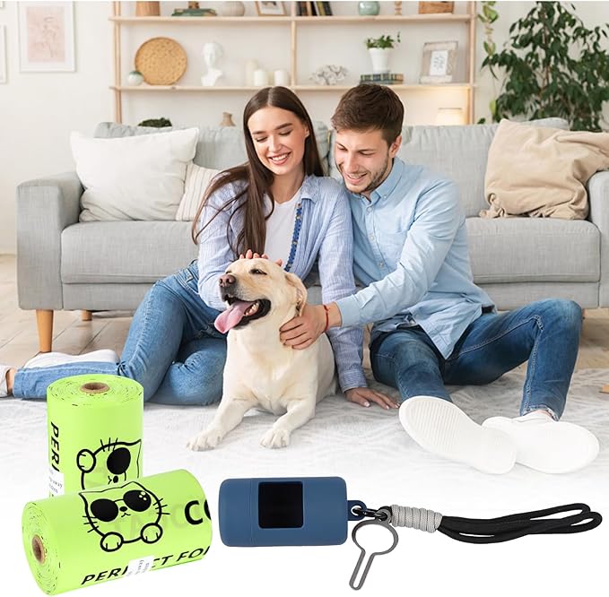 Dog Poop Bags with Dispenser & Holder, Guaranteed Leak Proof, Unscented Extra Thick Heavy Duty Tear-resistant 18-Micron Waste Bag Refill Rolls (NavyBlue (105-Bags, 1-Dispenser))