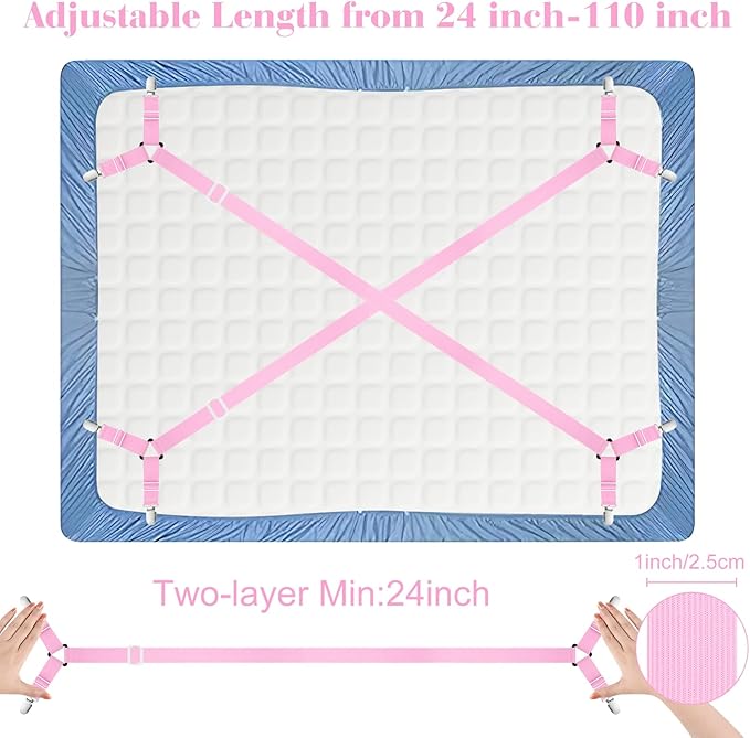 Morcheiong Bed Sheet Fasteners Straps - 4 Pack Adjustable Bed Sheet Holder Strap for Bedding Stays Bedsheet Tie Downs - Pink