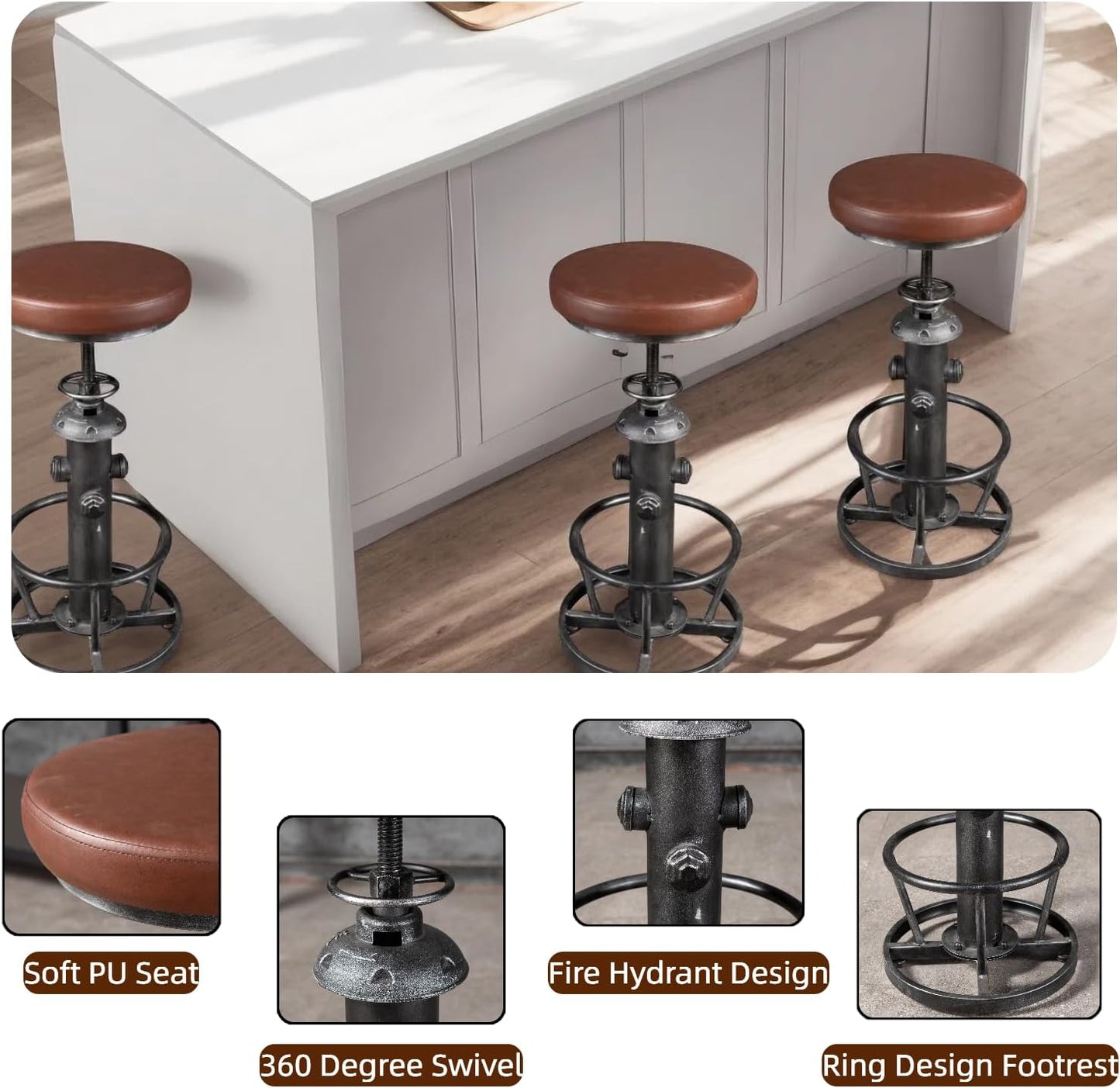 Industrial Swivel Bar Stools Kitchen Island Dining Chairs Pu Seat Bar Counter Height Adjustable 25-31inch