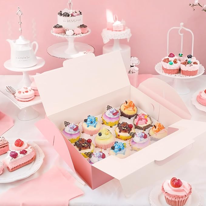FORBFAN 30 Pcs Cupcake Boxes, 12 Count Muffin Boxes with Handle, Window, and Inserts, Pink Cupcake Holders Bakery Carrier Boxes for Cookies Treats Dessert