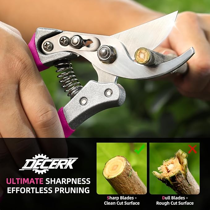 DECERK 8.5" Professional Bypass Pruning Shears – Heavy Duty Garden Scissors & Clippers for Branch Trimming, Ultra Sharp SK5 Blade, Ergonomic Handle, Perfect Gardening Gift for Women, 2025 Pink Tools