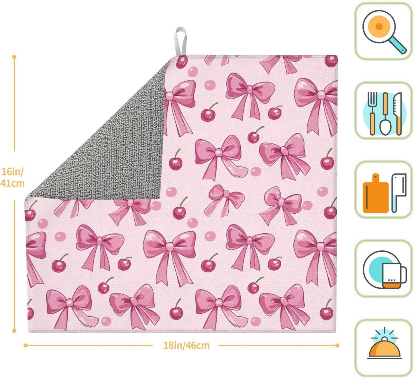 Dish Drying Mat for Kitchen Pink Bow Pattern Cherry Counter Absorbent Dishes Drainer Microfiber Small 16x18 Inch