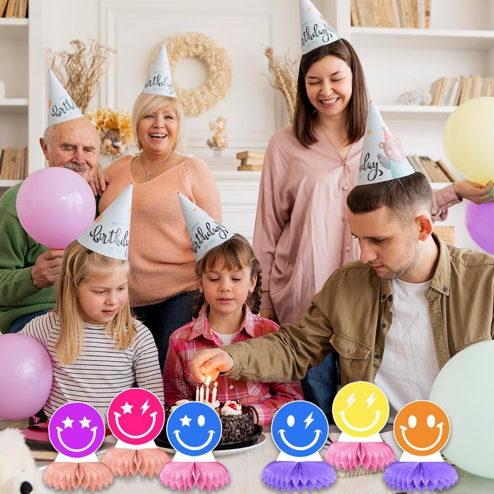 6Pcs Smiley Face Birthday Decorations Honeycomb Centerpieces Supplies Pastel Smiley Face Centerpieces Party Favors Preppy Birthday Decorations